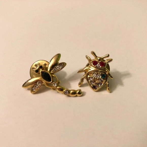 Vtg Lot of 2 Small Pins Dragonfly Brooch  and Beetle Insect Pin - Picture 1 of 12